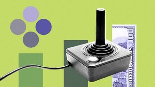 Illustration of an old video game joystick over a collage of rectangles and circles. 